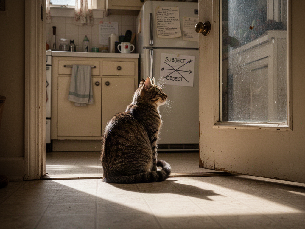A candid photo of a tabby cat sitting in a kitchen doorway, turned away from the camera, watching something off-frame in soft morning light, with a lived-in kitchen behind it including a coffee mug and a fridge note where the words SUBJECT and OBJECT have been crossed out and redrawn.