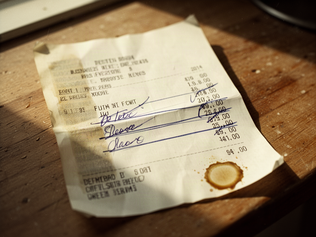 A faded, creased thermal-paper grocery receipt from 2014 lying on a wooden counter, with three items crossed out and handwritten substitutions beside them in blue pen.