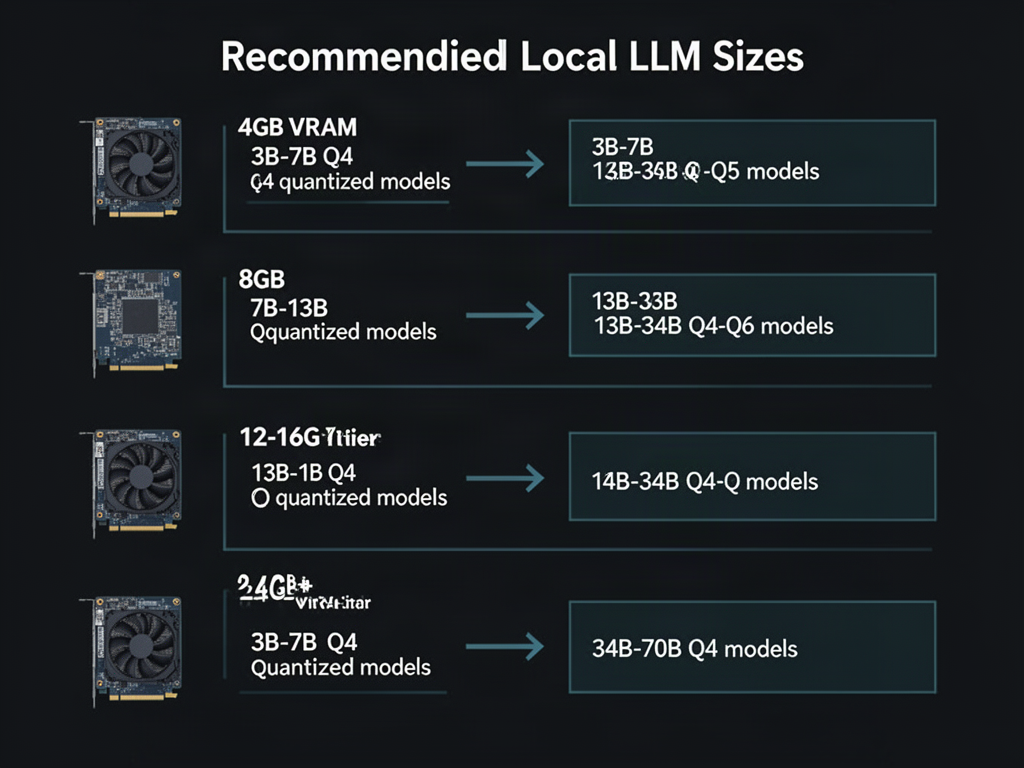 Infographic flowchart showing four VRAM tiers (4GB, 8GB, 12-16GB, 24GB+) mapped to recommended local LLM model sizes and quantization levels for each tier.