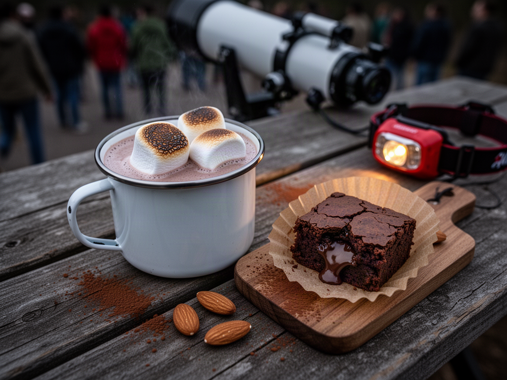 A close-up of a warm mug of hot cocoa with toasted marshmallows beside a fudgy brownie, set on a wooden observing table next to a telescope, lit by a warm low light.