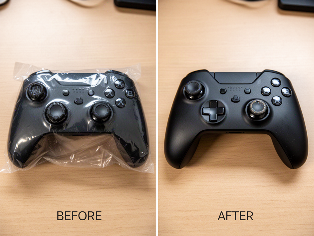 A side-by-side comparison showing a brand-new matte controller next to the same controller after extensive use, with worn glossy thumbsticks, slightly softened triggers, and a faintly polished body from years of handling.
