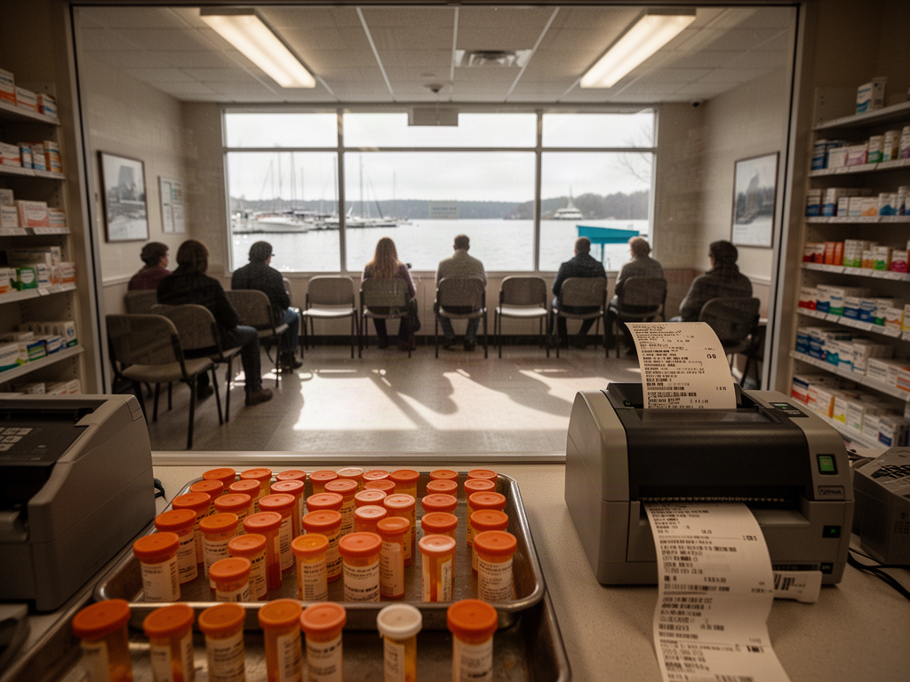 view from behind a pharmacy counter showing waiting customers and prescription vials under warm fluorescent light