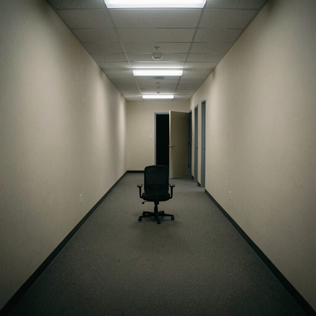 A long fluorescent-lit office hallway photographed from eye level at night. The far door is slightly ajar with darkness behind it, and a single office chair sits turned toward the camera in the middle of the corridor.