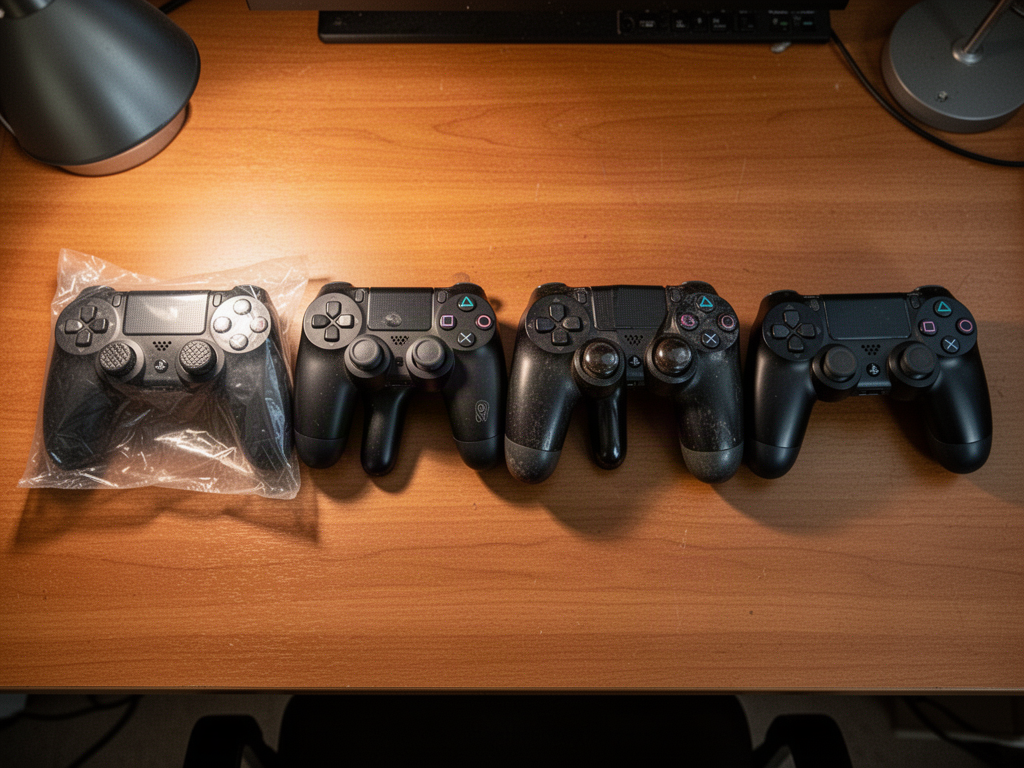 A top-down photo of six identical controllers laid out in a row on a wooden desk, each one showing a progressively more worn stage from brand-new on the left to well-loved on the right, with thumbsticks and grips showing increasing shine and softening.