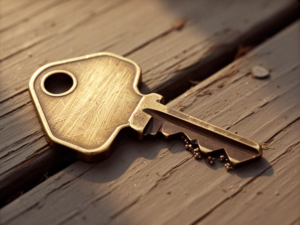 Macro photograph of a worn brass house key resting on weathered gray porch wood: the flat head polished bright and mirror-smooth with fine parallel scratches, while the blade and jagged teeth stay dark with unpolished patina, all raked by warm late-afternoon light.