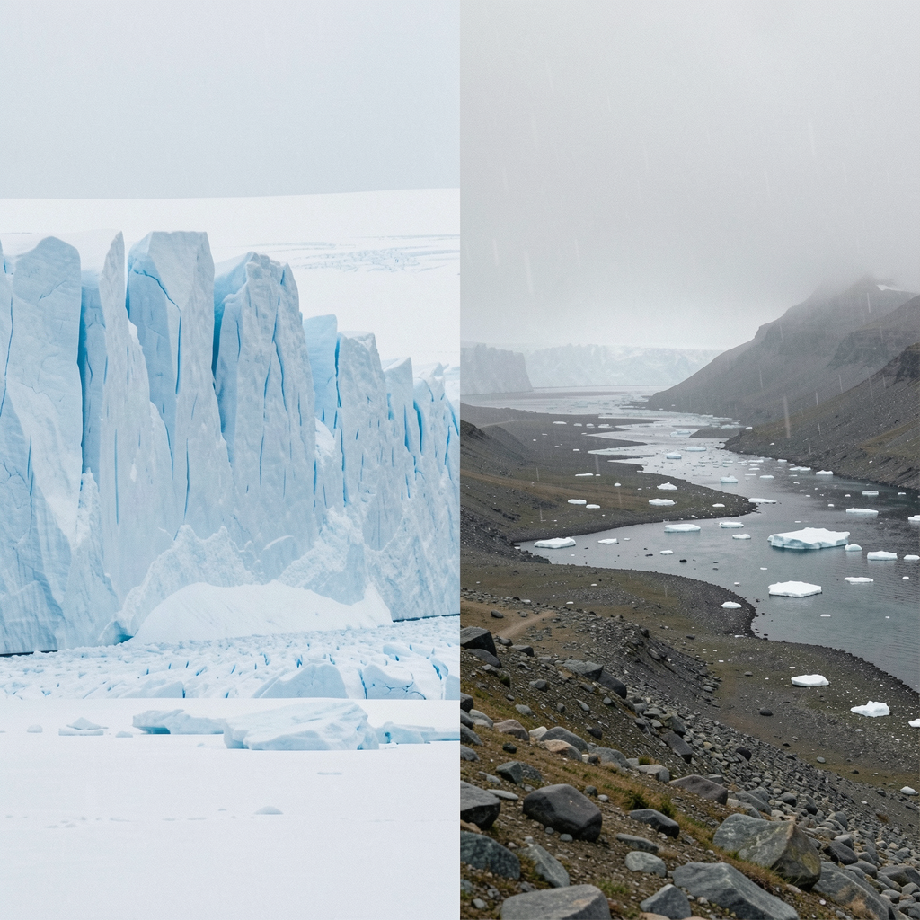 A side-by-side comparison of a pristine glacier and a melted one.