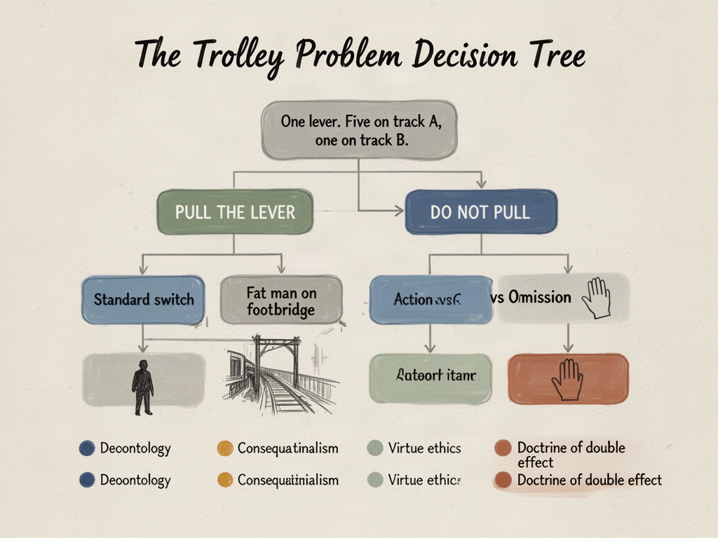 An infographic flowchart diagram mapping the trolley problem as a decision tree, with branches showing the lever scenario, the footbridge variant, and associated moral frameworks including consequentialism, deontology, and the doctrine of double effect.