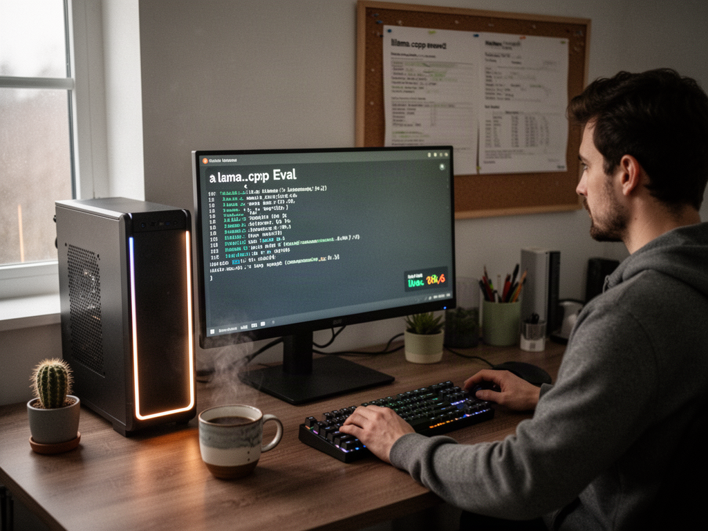 A tidy home desk with a local LLM workstation showing a clean llama.cpp eval dashboard on the monitor, warm morning light, the moment a long build finally came together.