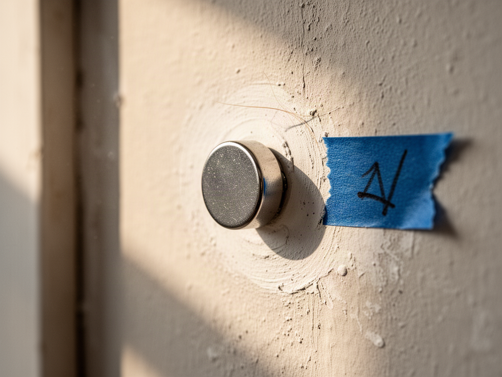 Close-up of a small silver magnet stuck flat against a drywall wall over a hidden screw head, with a piece of blue painter's tape marking the spot.