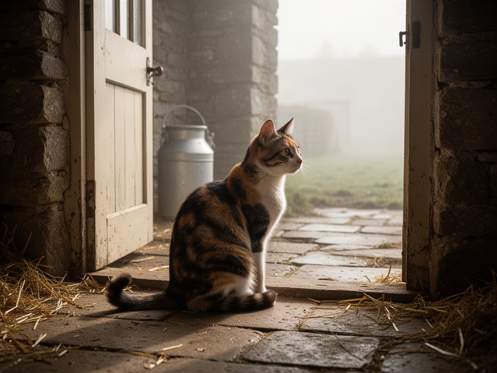 A calico farm cat pauses in the sunlit doorway of a stone dairy barn, watching the yard without acknowledging the camera.