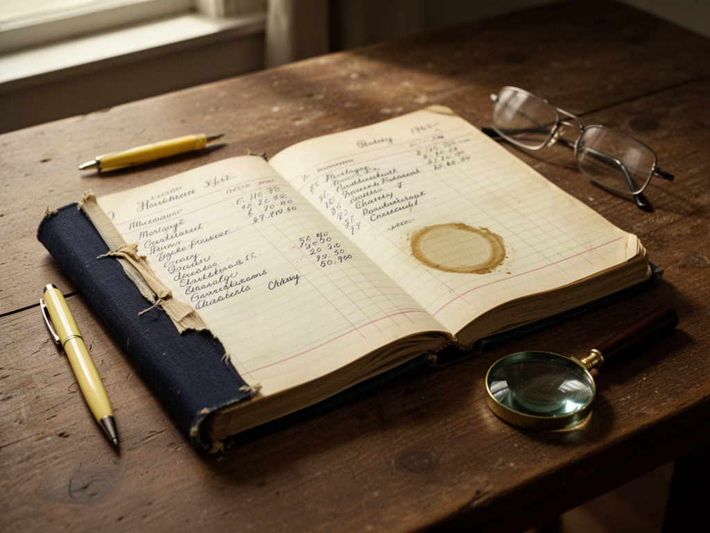 An open cloth-bound household ledger from 1962, with faded handwritten entries on yellowed ruled pages, coffee stain, frayed spine, and reading glasses beside it on a wooden table.