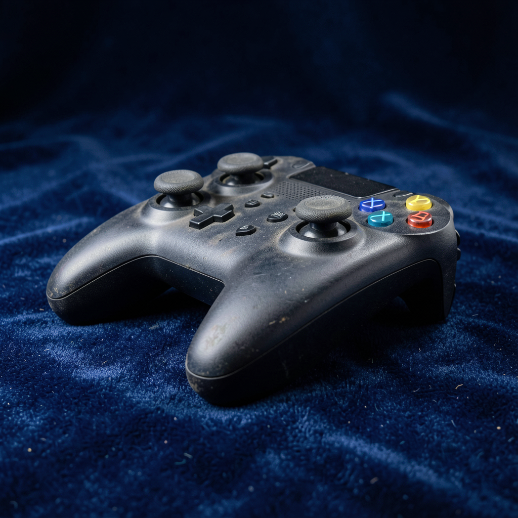 A detailed macro photograph of a weathered game controller resting on a velvet cloth, highlighting the smooth, worn texture of the analog sticks under a soft, focused spotlight.