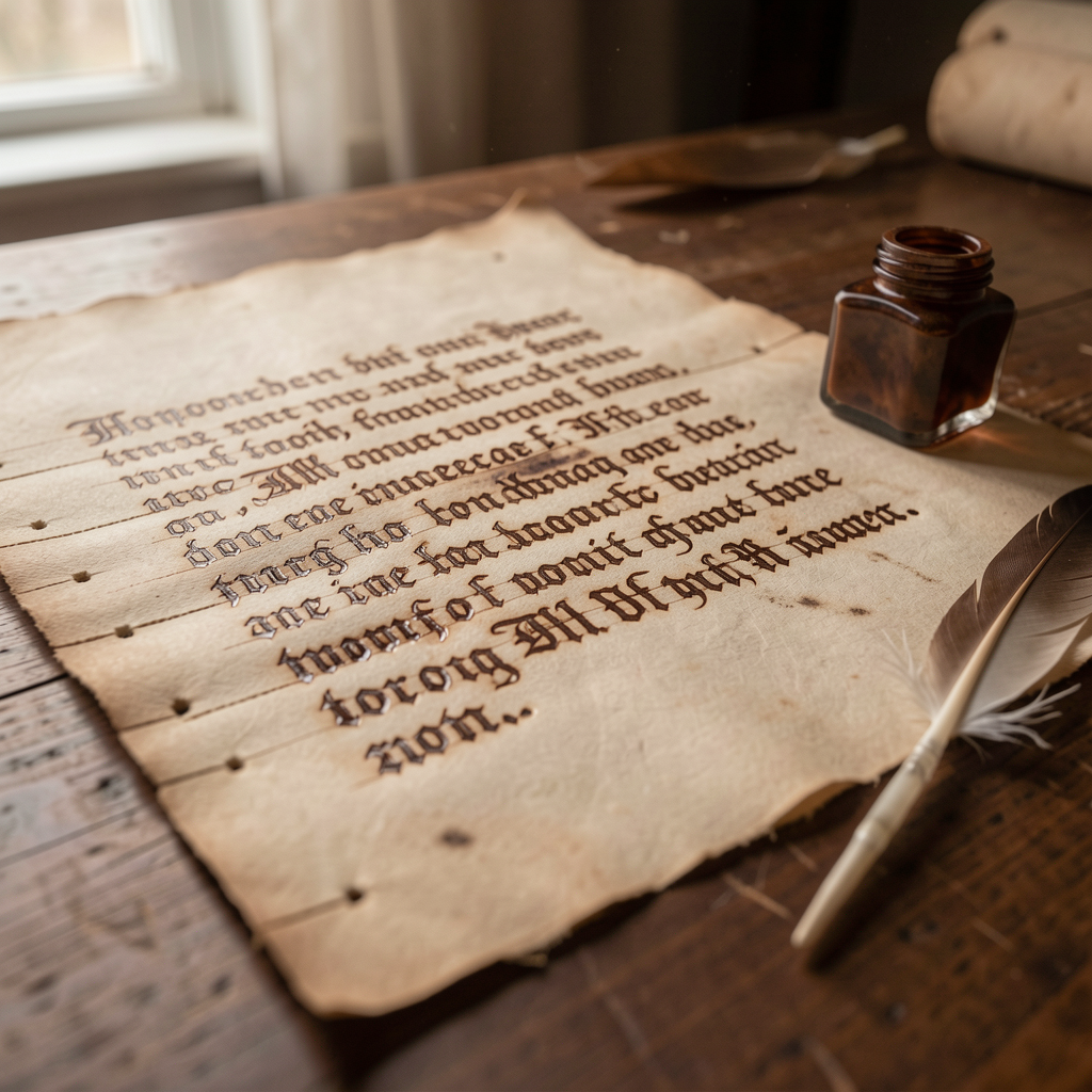 Close-up of a hand-ruled vellum sheet with knife-scored furrows and awl prick holes along the margin, browned iron-gall ink lettering, a cut goose quill and inkhorn beside it under warm raking light.