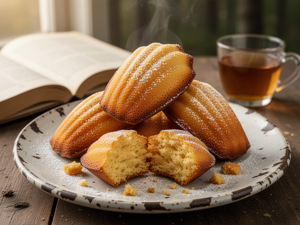 A vintage ceramic plate piled with freshly baked madeleines, their scalloped shells golden brown with a soft dusting of powdered sugar; one is broken open to show a moist, airy crumb. A worn paperback and a small glass of tea sit blurred in the background.