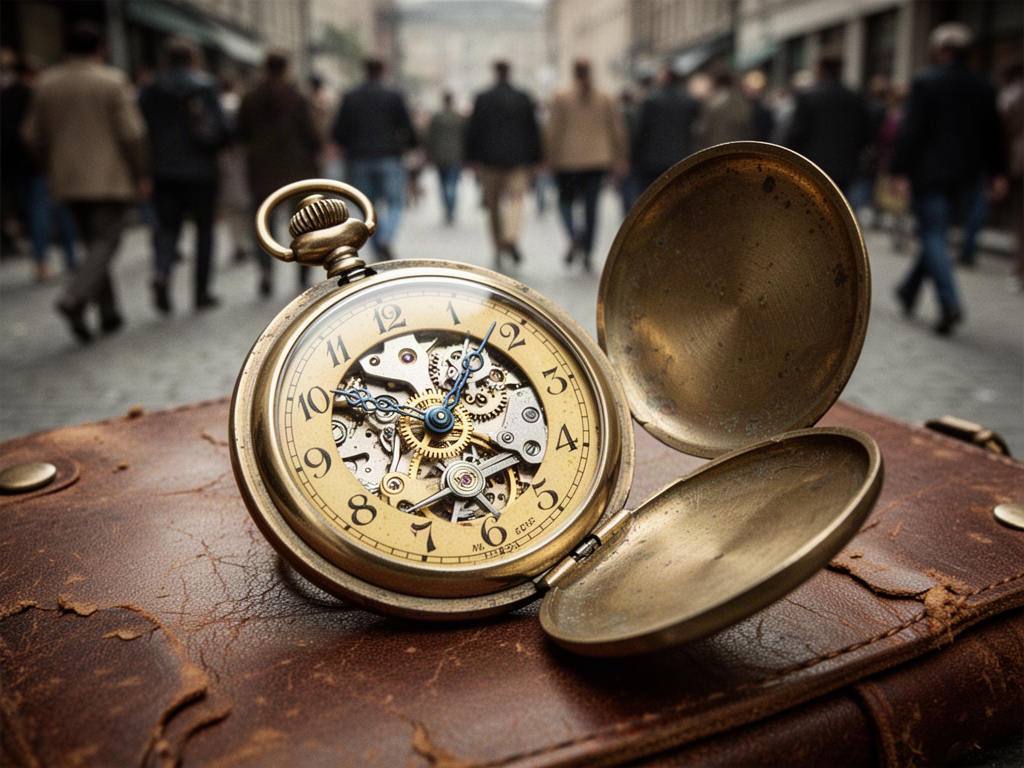 A well-worn vintage brass pocket watch from the 1940s sits open on aged leather, showing its mechanical movement and the smooth patina of decades of daily use.
