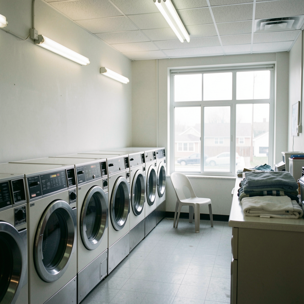 An empty laundromat early in the morning, rows of washers lit by pale window light, one chair slightly askew