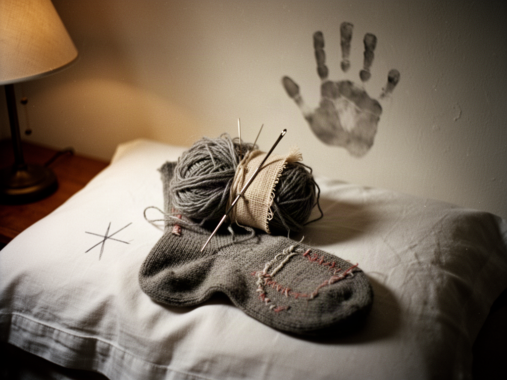 a small bundle of grey wool yarn scraps and a darning needle on a patched wool sock on a pillowcase, lit by a bedside lamp, with a faint grey handprint smudge on the wall behind