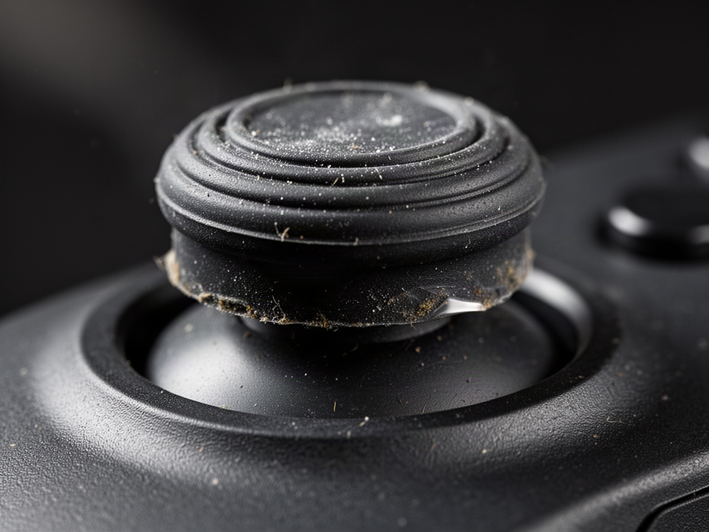 Macro photo of a worn controller thumbstick showing ridges, oil bloom, and wear patterns