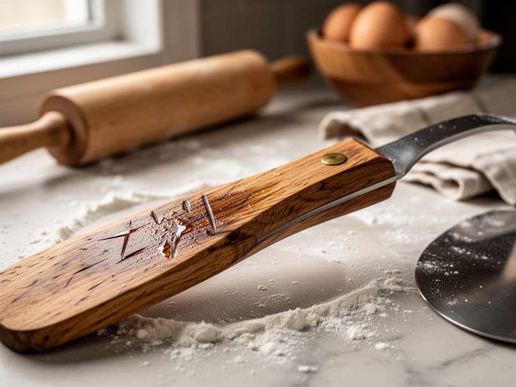 Extreme close-up of a worn wooden spatula handle showing the patina, grip wear, wood grain, and brass rivet on a flour-dusted counter.