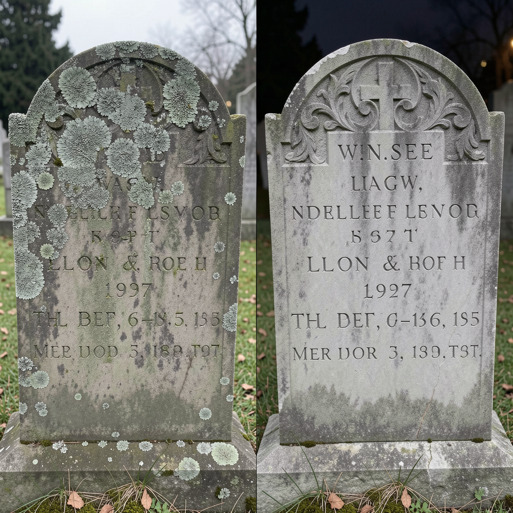 Side-by-side comparison of the same weathered 19th-century gravestone: the left half is covered in lichen with eroded, unreadable lettering, the right half is digitally cleaned with every carved name and date visible.