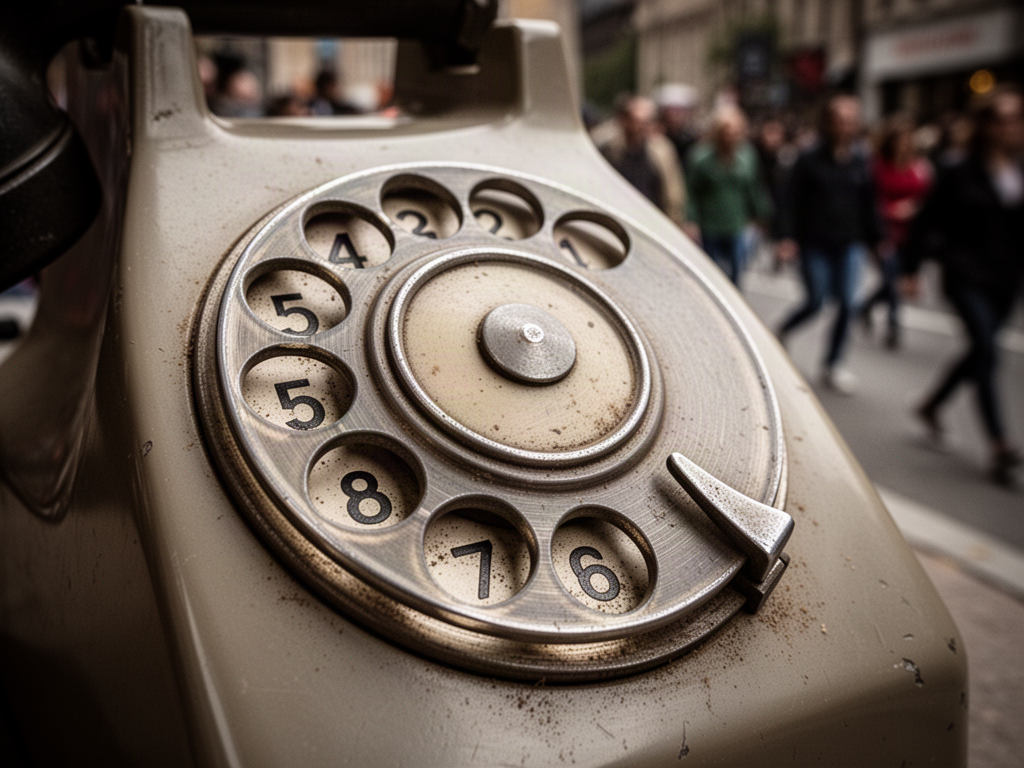 Close-up of a vintage rotary phone dial showing worn finger holes and brushed metal surface.