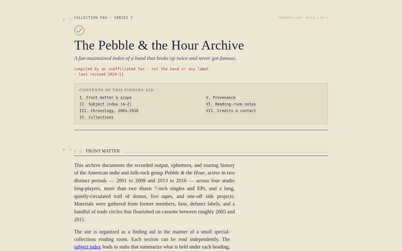 Screenshot of pebbleandthehour.archive/finding-aid.html