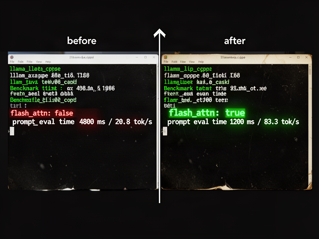 side by side terminal shots: before panel shows flash_attn off crawling at 20.8 tok/s, after panel shows flash_attn on happily trucking at 83.3 tok/s