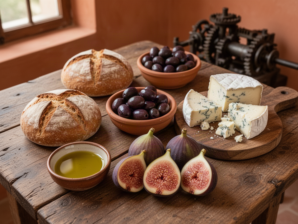 A rustic wooden table with a round scored loaf of bread, dark olives in a clay dish, wedges of hard cheese, a small bowl of olive oil, and halved fresh figs — a reconstruction of a Roman breakfast spread.