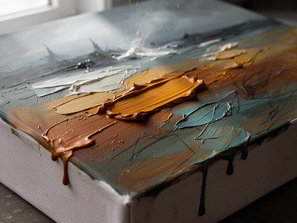 Macro view of an oil painting's textured surface showing visible brushstrokes, paint ridges, faint pencil underdrawing, and a small dried drip — emphasizing the hand-made evidence of the work.