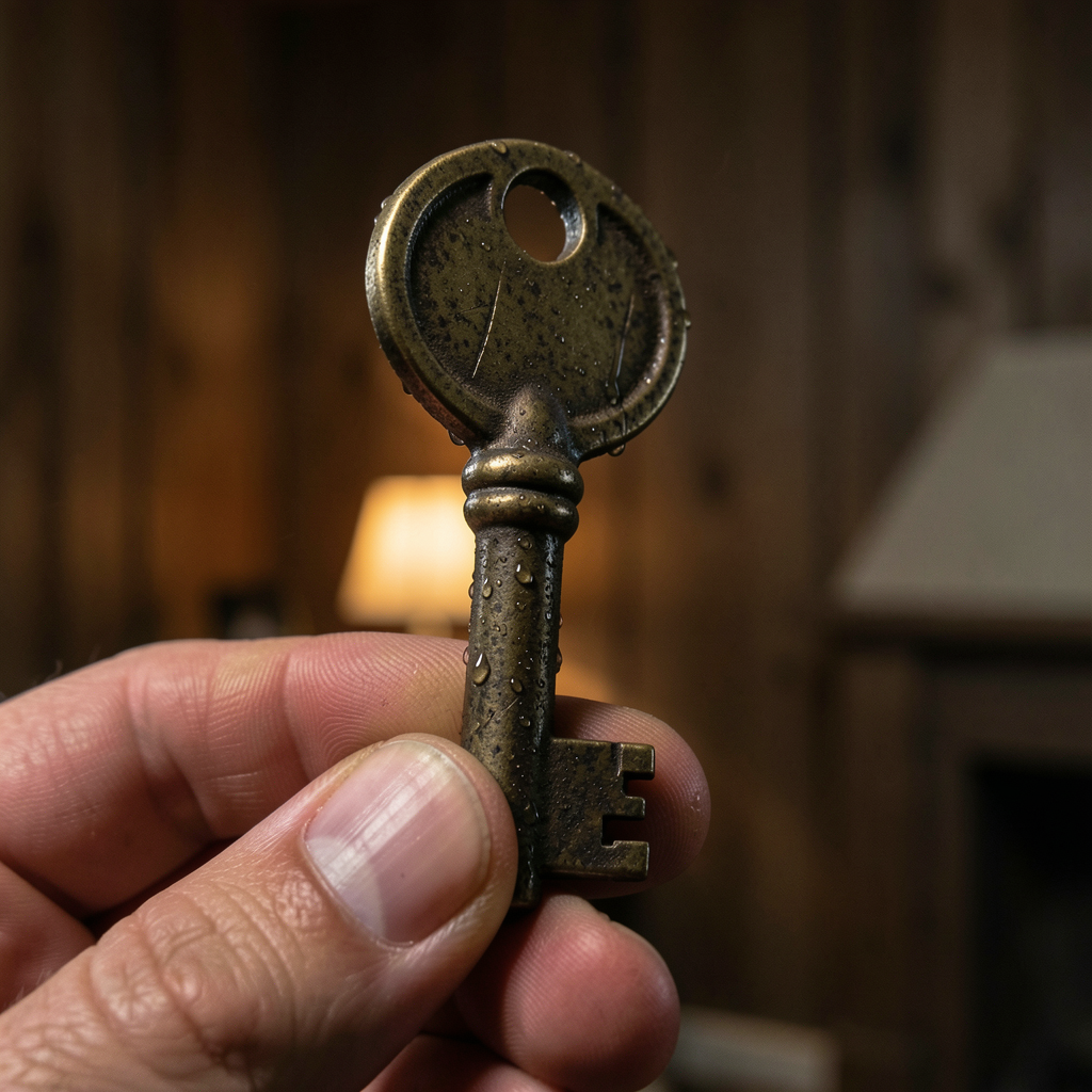 Extreme close-up of an antique brass key held between fingertips, its shaft pitted with age and still beaded with condensation, shallow depth of field against a dim wooden background.