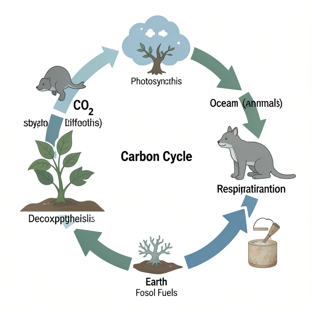 A professional scientific infographic diagramming the Carbon Cycle.