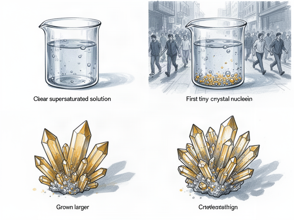 Four-panel scientific illustration showing the stages of crystallization: supersaturated solution, nucleation, crystal growth, and final crystal formation