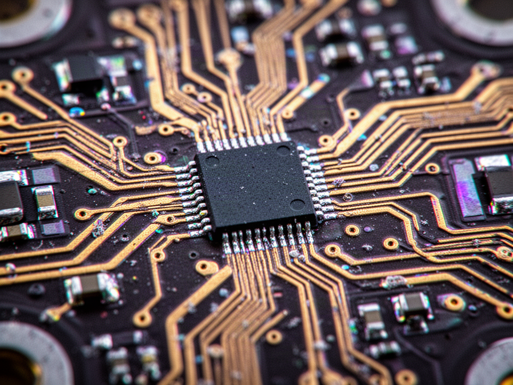 Macro photograph of silicon chip circuitry showing intricate pathways and transistor arrays in vivid metallic colors
