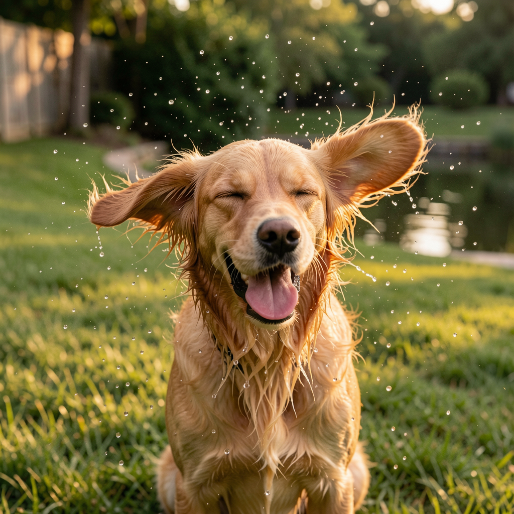 A golden retriever caught mid-shake outdoors after a swim, ears flapping and water droplets flying in a ring around its scrunching face, completely unposed.