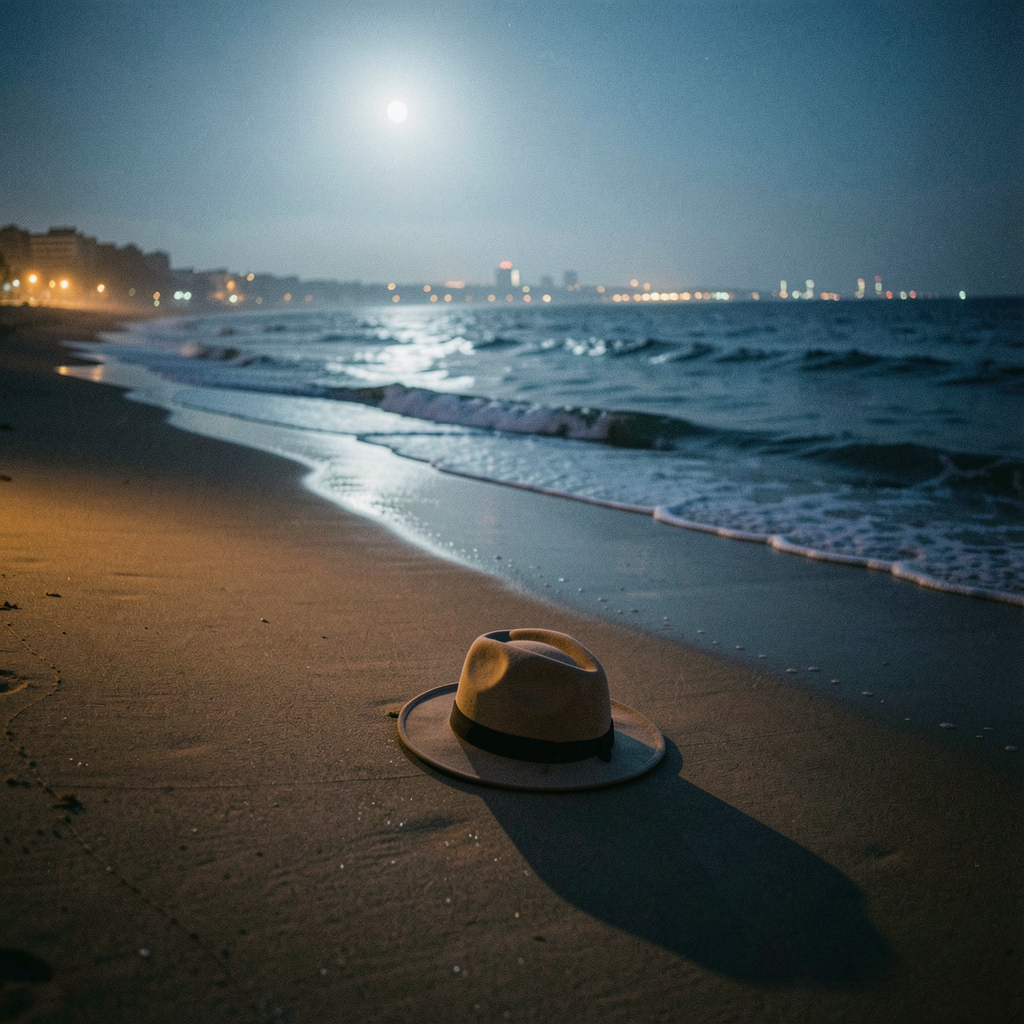 Mysterious fedora hat abandoned on a moonlit beach at twilight, with city lights in the distance and a long shadow stretching across the sand
