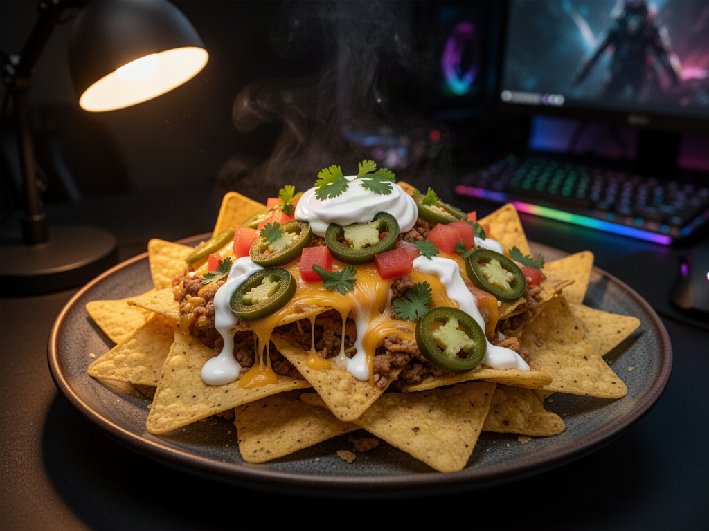 A close-up of loaded nachos with melted cheddar, jalapeños, tomatoes, and sour cream, lit warmly in a dim gaming room setting.