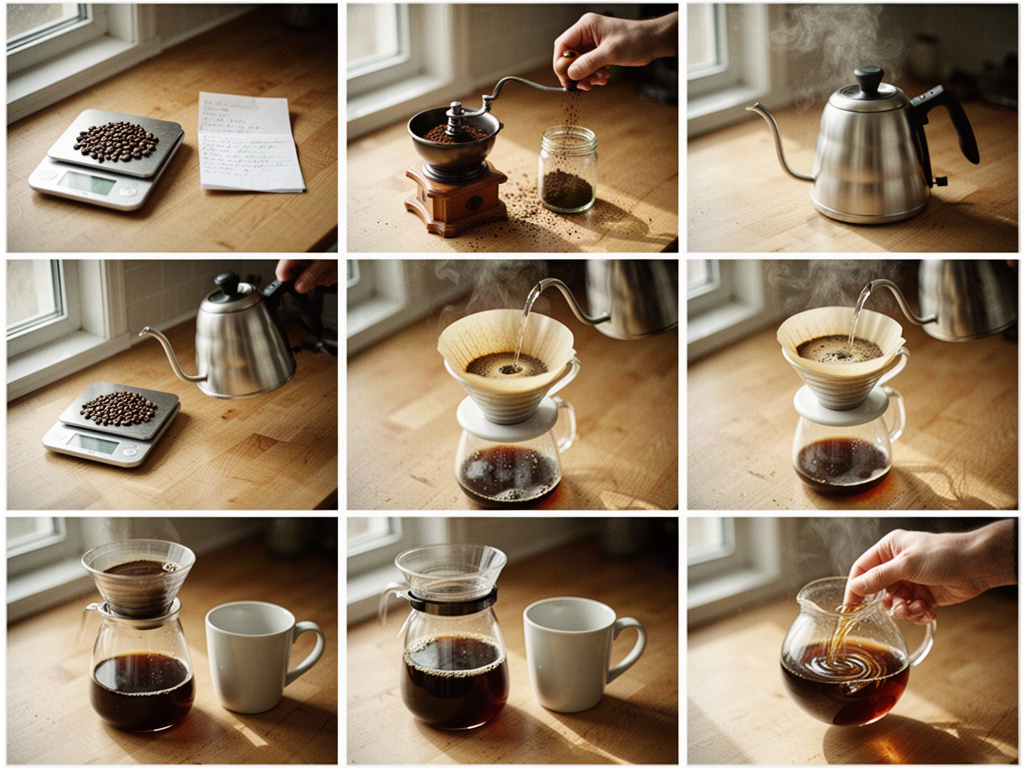 Seven sequential photos showing the stages of making pour-over coffee: weighing beans, grinding, boiling water, rinsing the filter, blooming grounds, the spiral pour, and the finished carafe on a wooden kitchen counter in warm morning light.