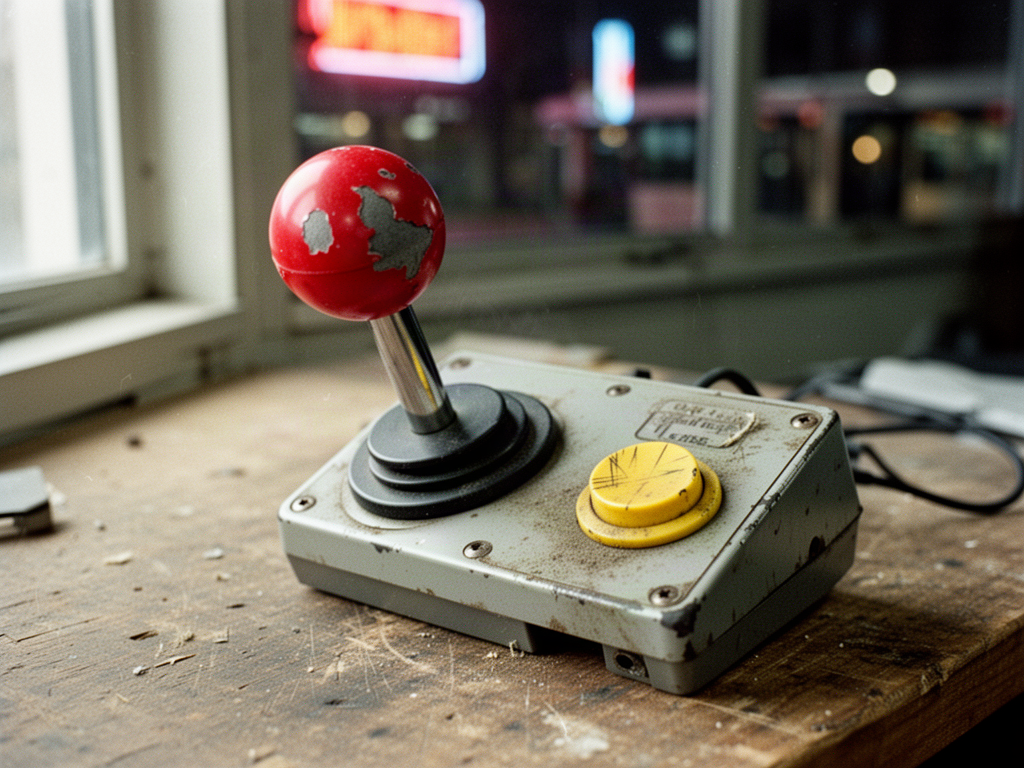 Worn arcade joystick and yellowed button on a workbench, showing paint loss and age