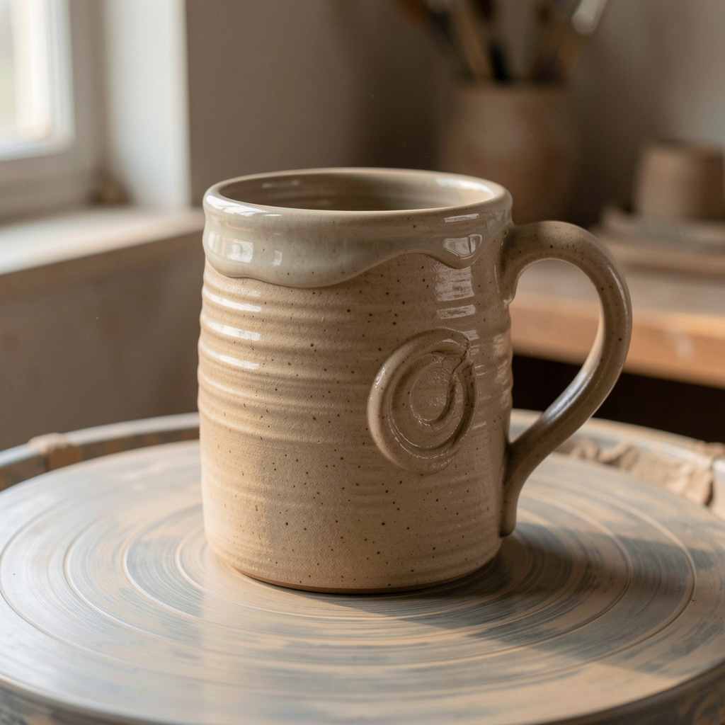 Close-up of a freshly thrown stoneware mug on a potter's wheel, with spiral throwing rings, a pressed thumbprint near the handle, and thick matte glaze pooling at the rim under warm studio light.
