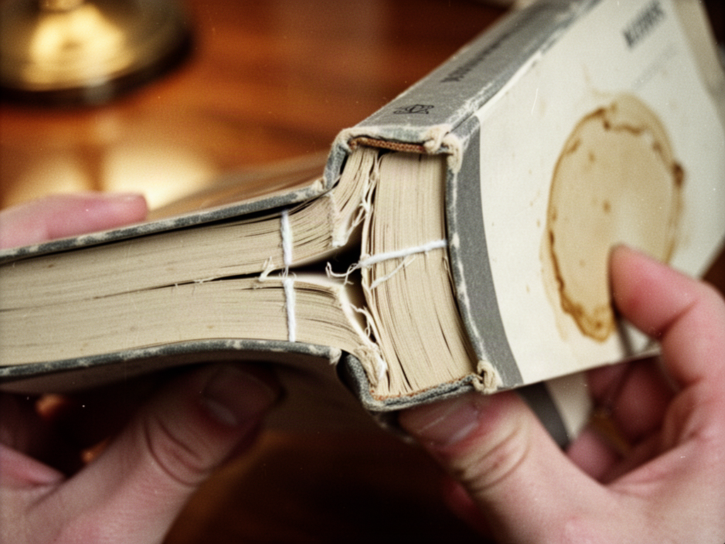 Extreme close-up of a cracked paperback book spine, showing split glue and aged paper edges under warm lamplight.