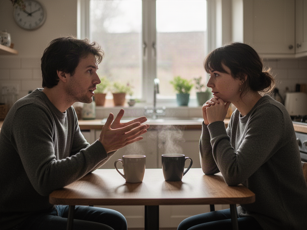 Couple at kitchen table with coffee mugs, engaged in conversation, morning light