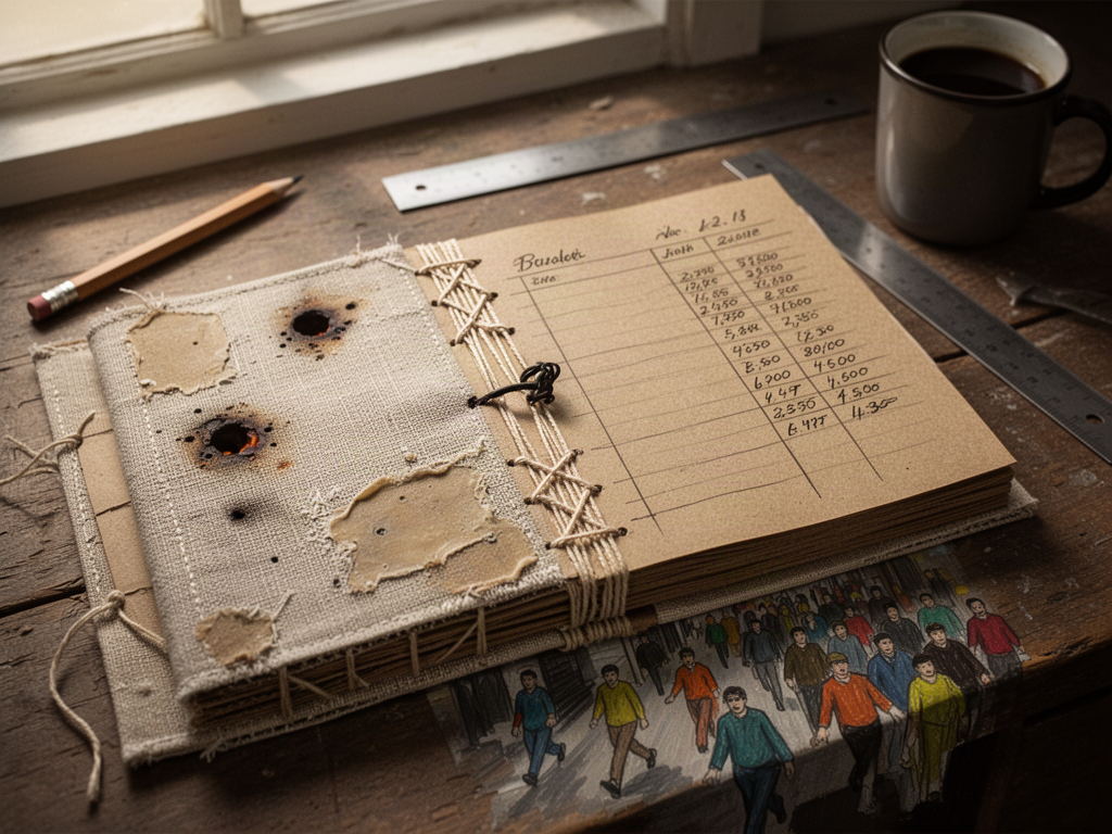 Open handmade budget ledger with waxed canvas cover stretched over cardboard boards, coptic-stitched linen thread along the spine, and hand-ruled kraft pages filled with penciled budget columns, resting on a wooden desk beside a pencil and coffee mug.