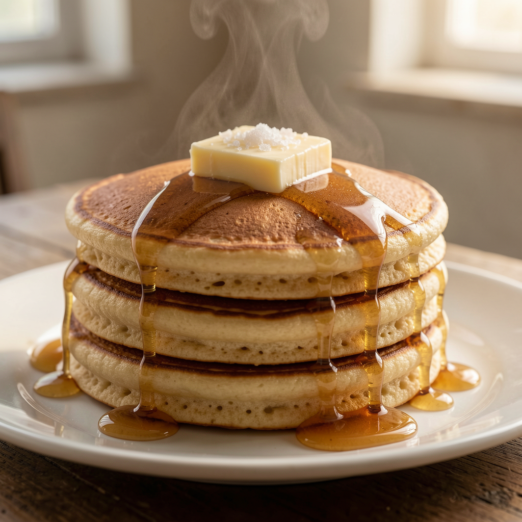 A close-up, appetizing shot of a stack of fluffy pancakes topped with a melting pat of butter and drizzled with glistening maple syrup.