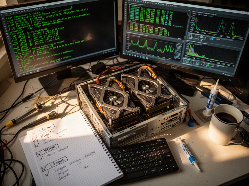 A dimly lit home lab desk in the morning showing handwritten notebook pages tracking stages of a dual GPU build next to an open PC chassis and monitor showing terminal benchmarks.