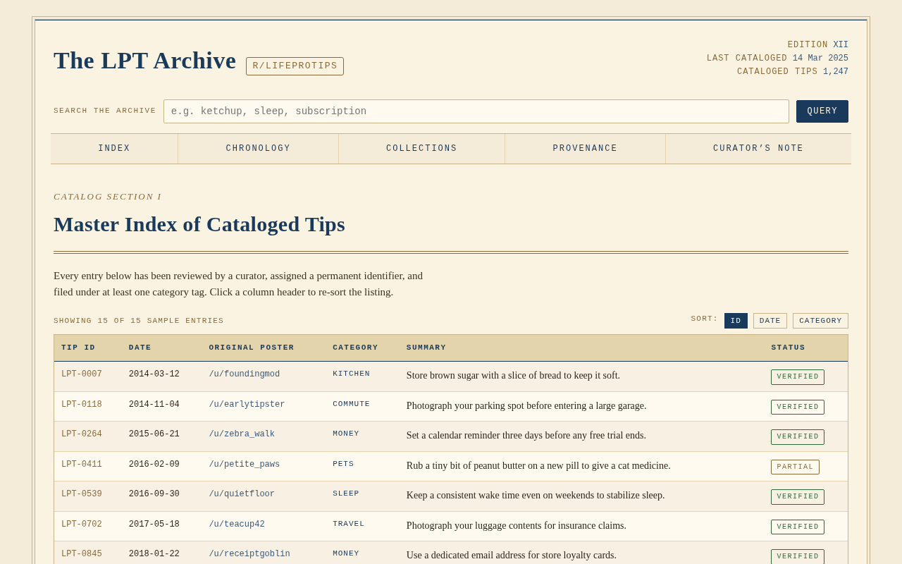 Screenshot of lptarchive.example/complete-index.html