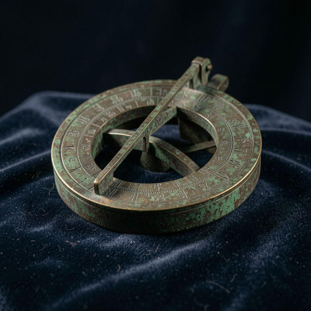 A heavy, oxidized brass astrolabe from the 17th century, resting on a piece of dark velvet. The metal is pitted and worn, showing a deep green patina in the crevices of its intricate celestial engravings.
