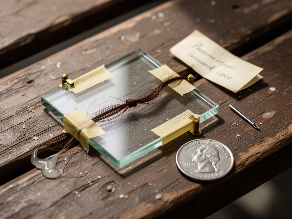 A close-up archival photo of a glass microscope slide with a single taped human hair, beside a quarter for scale, on a scratched wooden bench.