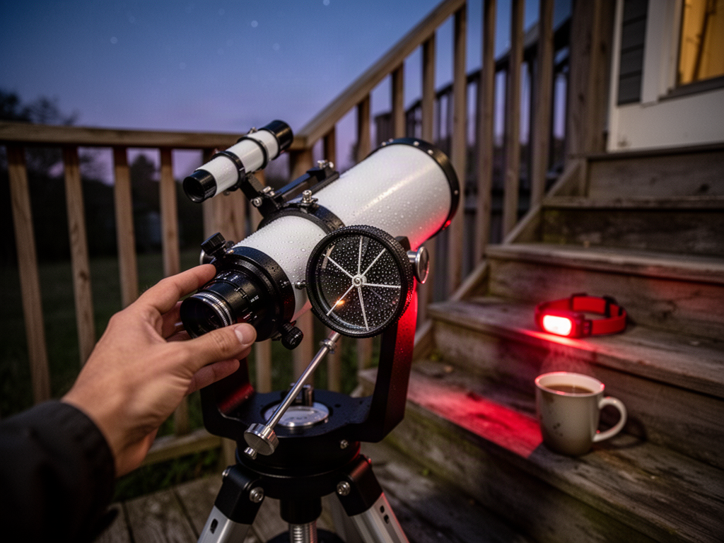 A candid unposed moment showing a small Dobsonian telescope on a back porch at twilight, with a hand resting on the focuser, dew beading on the secondary, a red headlamp, and a half-finished mug of coffee.