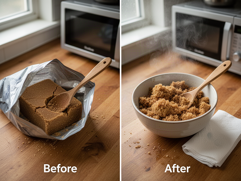 Before-and-after split showing a hardened brown sugar brick on the left and soft fluffy brown sugar beside a damp paper towel on the right, on a wooden kitchen counter.