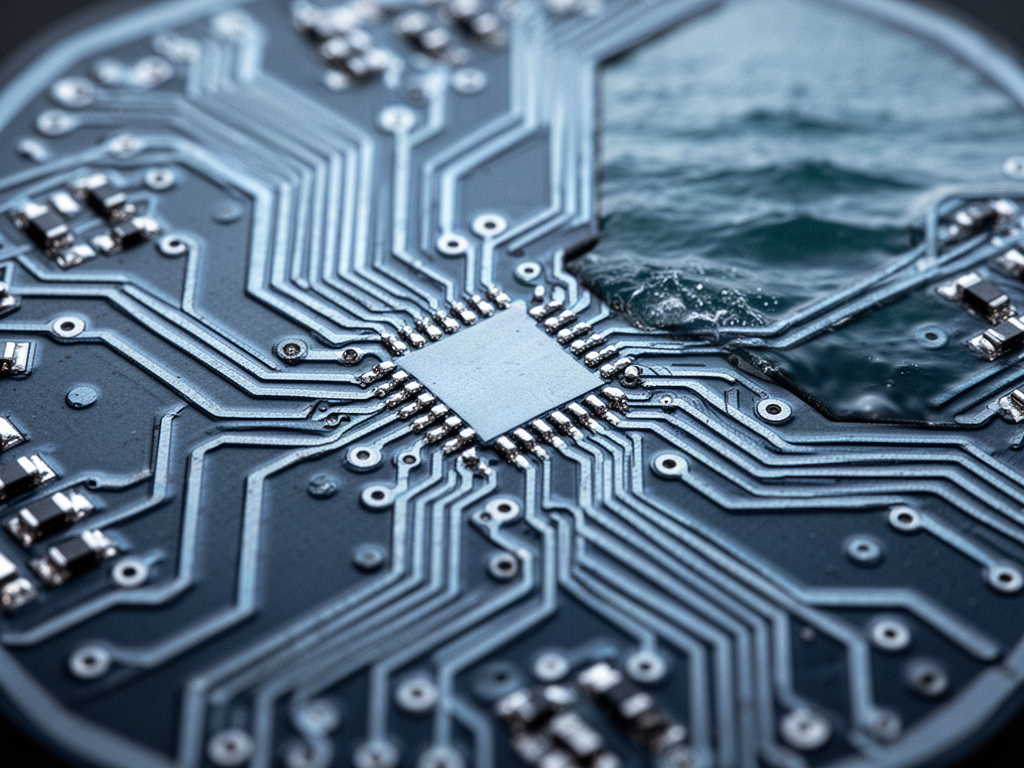 Close-up macro photograph revealing the tiny geometric patterns etched into a silicon wafer surface, showing circuit traces and layered structures in metallic blue-silver tones